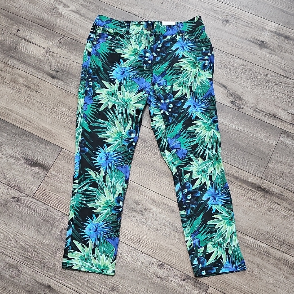 CHICO'S Floral Tropical Palms Ankle Blue Black Green Pants